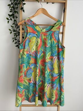 GeeGee Tropical Leaf Print Sundress Vibrant Summer Boutique Resortwear EUC in S